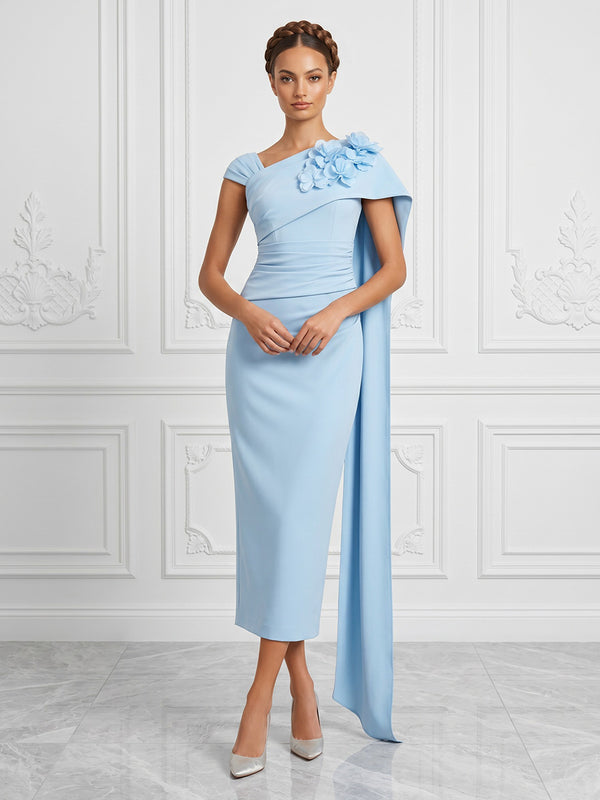 Stretch Mesh Sheath/Column Asymmetric Neck Tea-Length Cocktail Dresses with 3D Flowers & Ruched Waist