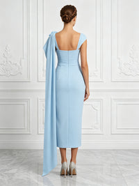 Stretch Mesh Sheath/Column Asymmetric Neck Tea-Length Cocktail Dresses with 3D Flowers & Ruched Waist