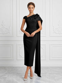 Stretch Mesh Sheath/Column Asymmetric Neck Tea-Length Cocktail Dresses with 3D Flowers & Ruched Waist
