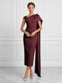 Stretch Mesh Sheath/Column Asymmetric Neck Tea-Length Cocktail Dresses with 3D Flowers & Ruched Waist