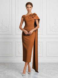 Stretch Mesh Sheath/Column Asymmetric Neck Tea-Length Cocktail Dresses with 3D Flowers & Ruched Waist