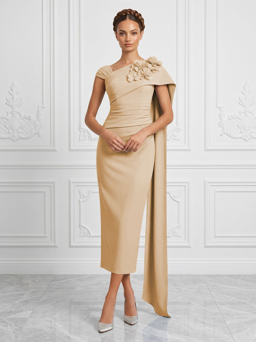 Stretch Mesh Sheath/Column Asymmetric Neck Tea-Length Cocktail Dresses with 3D Flowers & Ruched Waist