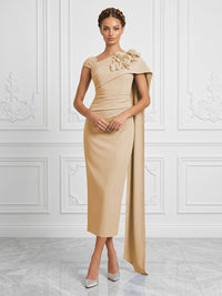 Stretch Mesh Sheath/Column Asymmetric Neck Tea-Length Cocktail Dresses with 3D Flowers & Ruched Waist