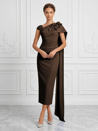 Stretch Mesh Sheath/Column Asymmetric Neck Tea-Length Cocktail Dresses with 3D Flowers & Ruched Waist