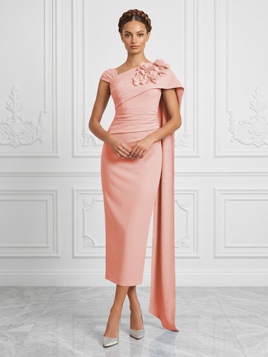 Stretch Mesh Sheath/Column Asymmetric Neck Tea-Length Cocktail Dresses with 3D Flowers & Ruched Waist
