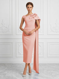 Stretch Mesh Sheath/Column Asymmetric Neck Tea-Length Cocktail Dresses with 3D Flowers & Ruched Waist