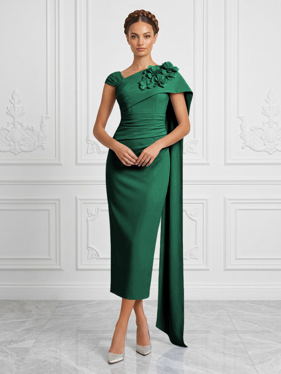 Stretch Mesh Sheath/Column Asymmetric Neck Tea-Length Cocktail Dresses with 3D Flowers & Ruched Waist