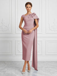 Stretch Mesh Sheath/Column Asymmetric Neck Tea-Length Cocktail Dresses with 3D Flowers & Ruched Waist