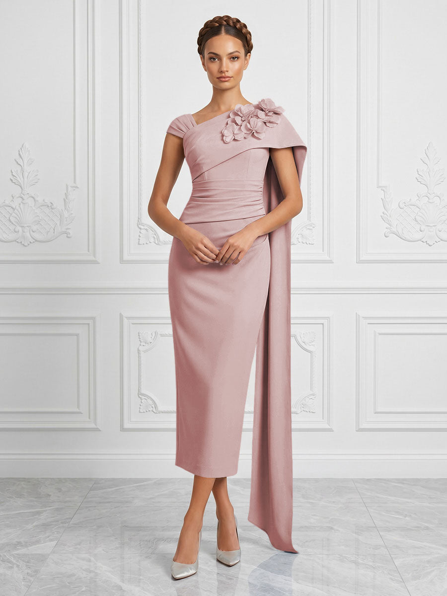 Stretch Mesh Sheath/Column Asymmetric Neck Tea-Length Cocktail Dresses with 3D Flowers & Ruched Waist