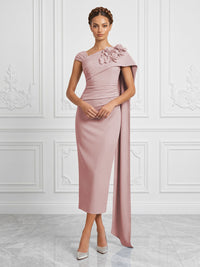 Stretch Mesh Sheath/Column Asymmetric Neck Tea-Length Cocktail Dresses with 3D Flowers & Ruched Waist