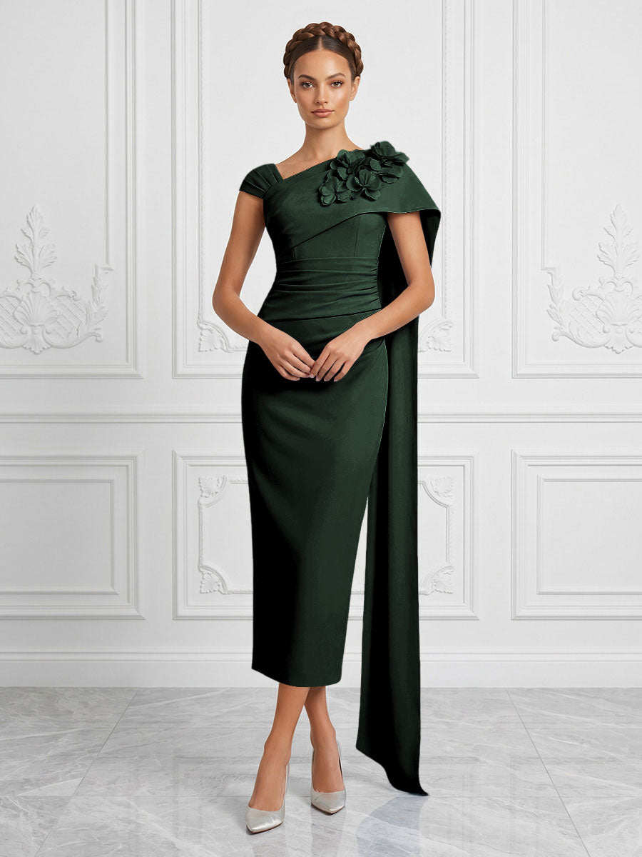 Stretch Mesh Sheath/Column Asymmetric Neck Tea-Length Cocktail Dresses with 3D Flowers & Ruched Waist