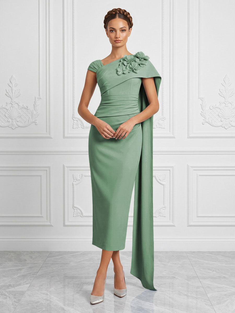 Stretch Mesh Sheath/Column Asymmetric Neck Tea-Length Cocktail Dresses with 3D Flowers & Ruched Waist