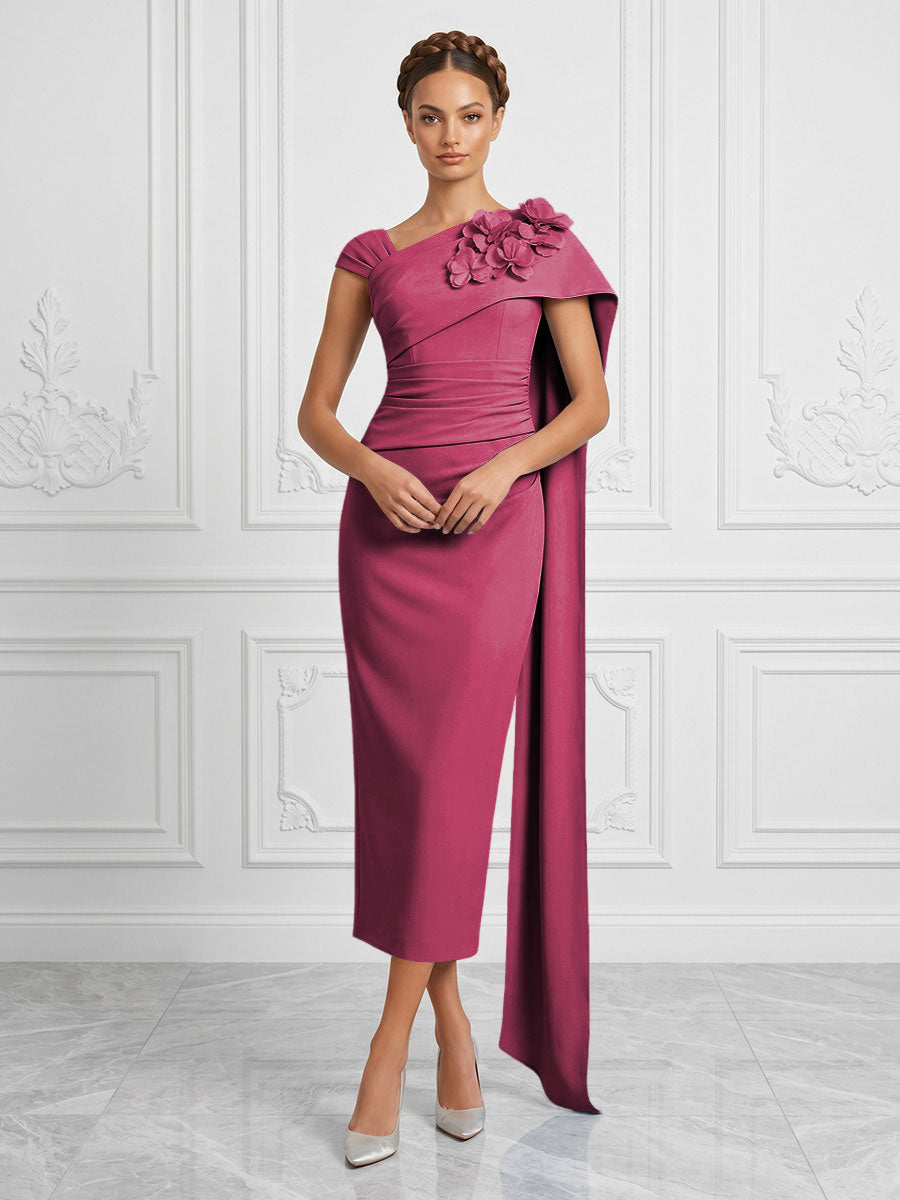 Stretch Mesh Sheath/Column Asymmetric Neck Tea-Length Cocktail Dresses with 3D Flowers & Ruched Waist