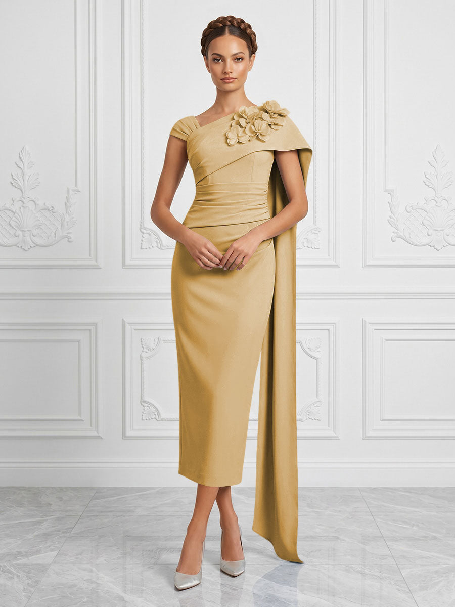 Stretch Mesh Sheath/Column Asymmetric Neck Tea-Length Cocktail Dresses with 3D Flowers & Ruched Waist