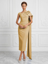 Stretch Mesh Sheath/Column Asymmetric Neck Tea-Length Cocktail Dresses with 3D Flowers & Ruched Waist