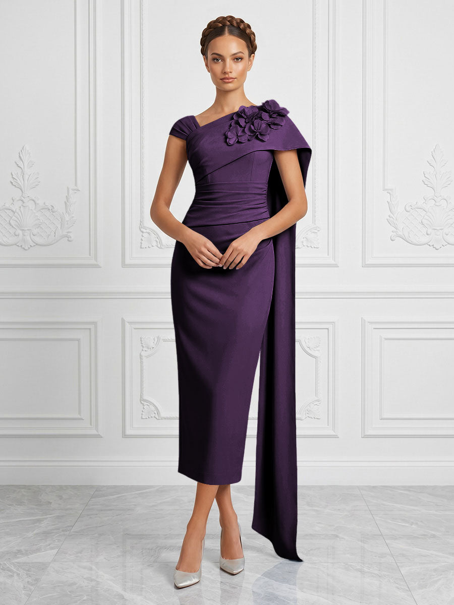 Stretch Mesh Sheath/Column Asymmetric Neck Tea-Length Cocktail Dresses with 3D Flowers & Ruched Waist