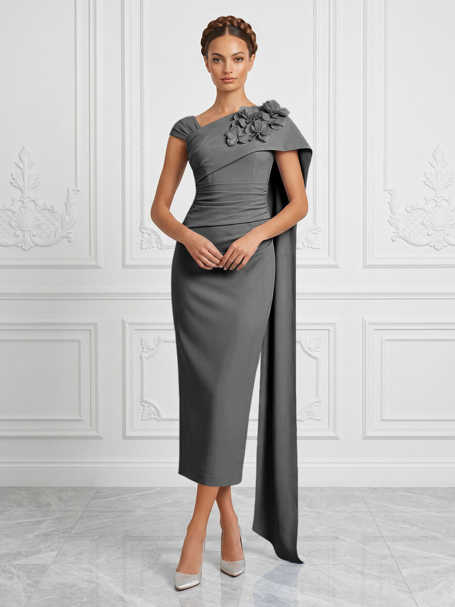 Stretch Mesh Sheath/Column Asymmetric Neck Tea-Length Cocktail Dresses with 3D Flowers & Ruched Waist