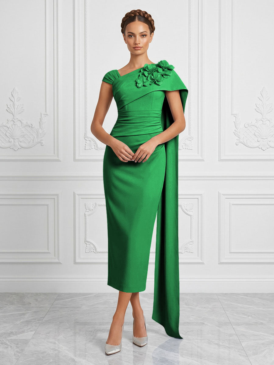 Stretch Mesh Sheath/Column Asymmetric Neck Tea-Length Cocktail Dresses with 3D Flowers & Ruched Waist