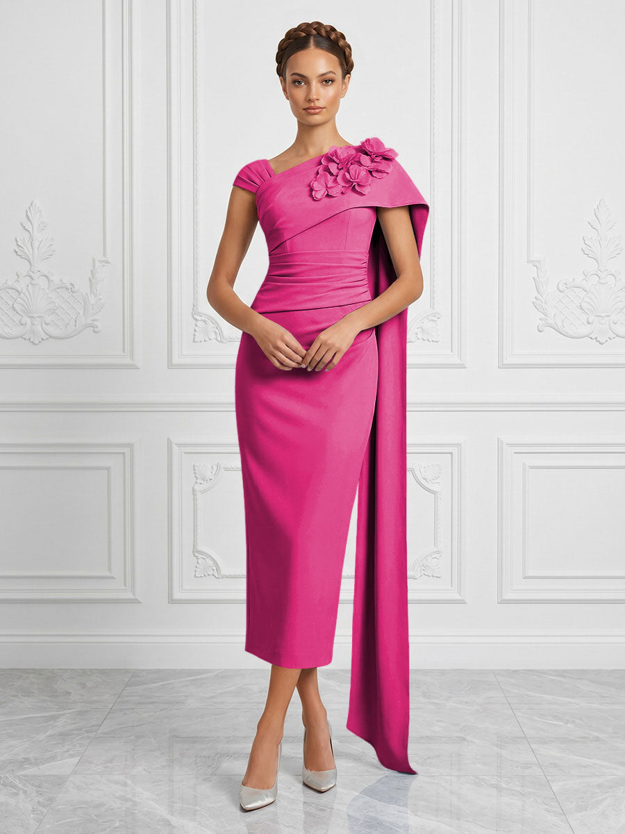 Stretch Mesh Sheath/Column Asymmetric Neck Tea-Length Cocktail Dresses with 3D Flowers & Ruched Waist