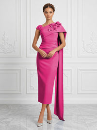 Stretch Mesh Sheath/Column Asymmetric Neck Tea-Length Cocktail Dresses with 3D Flowers & Ruched Waist