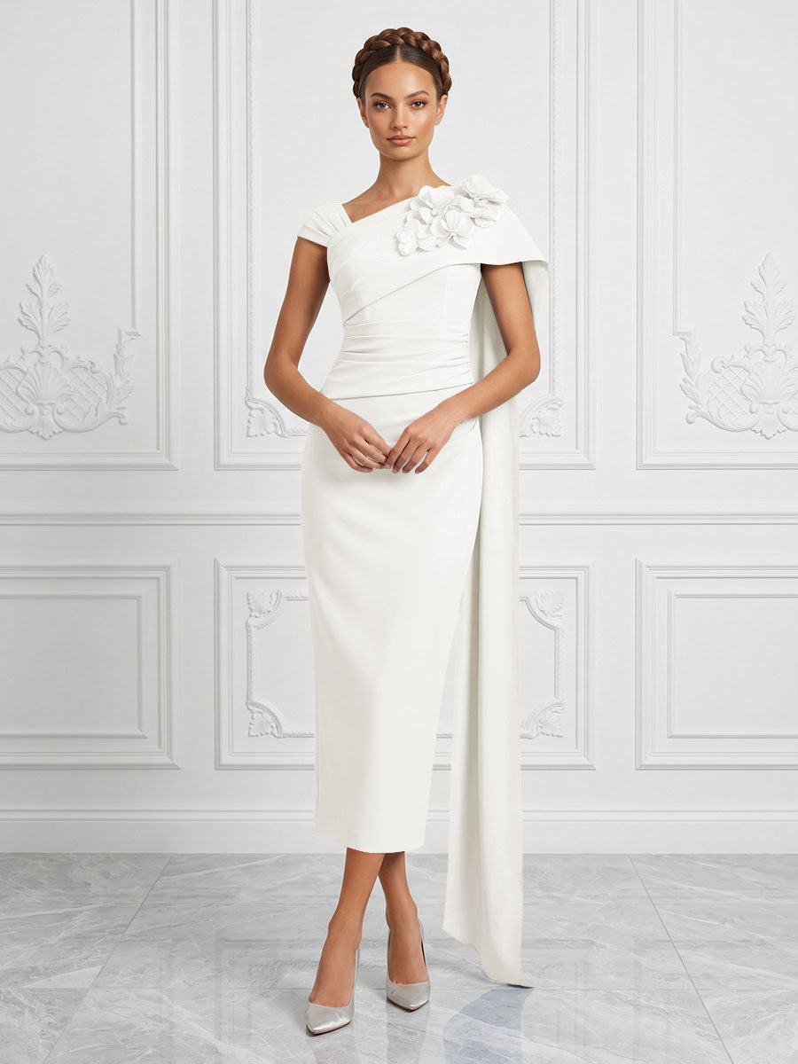 Stretch Mesh Sheath/Column Asymmetric Neck Tea-Length Cocktail Dresses with 3D Flowers & Ruched Waist