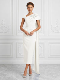 Stretch Mesh Sheath/Column Asymmetric Neck Tea-Length Cocktail Dresses with 3D Flowers & Ruched Waist