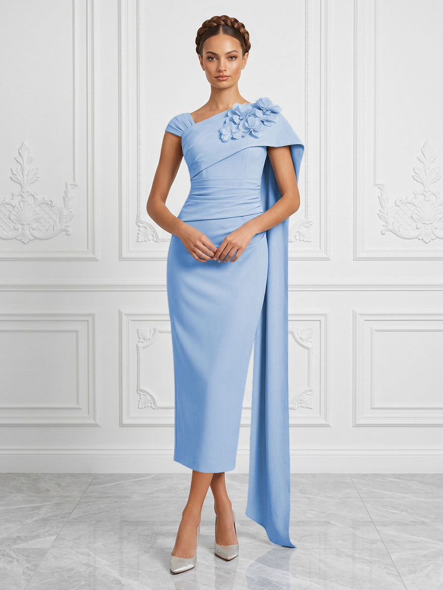 Stretch Mesh Sheath/Column Asymmetric Neck Tea-Length Cocktail Dresses with 3D Flowers & Ruched Waist