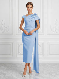 Stretch Mesh Sheath/Column Asymmetric Neck Tea-Length Cocktail Dresses with 3D Flowers & Ruched Waist