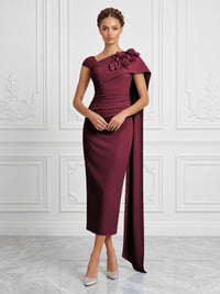 Stretch Mesh Sheath/Column Asymmetric Neck Tea-Length Cocktail Dresses with 3D Flowers & Ruched Waist