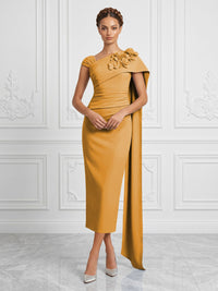Stretch Mesh Sheath/Column Asymmetric Neck Tea-Length Cocktail Dresses with 3D Flowers & Ruched Waist