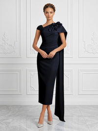 Stretch Mesh Sheath/Column Asymmetric Neck Tea-Length Cocktail Dresses with 3D Flowers & Ruched Waist