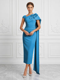 Stretch Mesh Sheath/Column Asymmetric Neck Tea-Length Cocktail Dresses with 3D Flowers & Ruched Waist