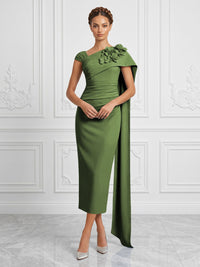 Stretch Mesh Sheath/Column Asymmetric Neck Tea-Length Cocktail Dresses with 3D Flowers & Ruched Waist