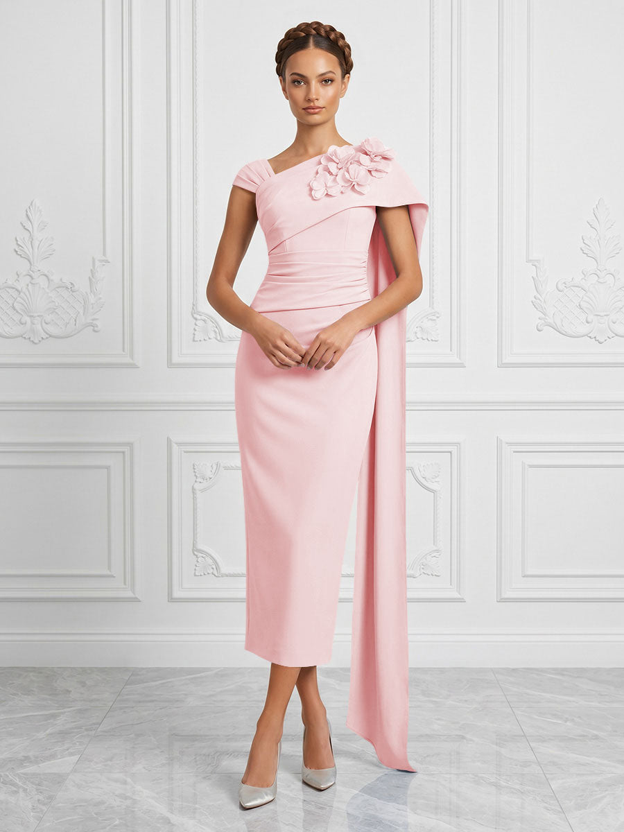 Stretch Mesh Sheath/Column Asymmetric Neck Tea-Length Cocktail Dresses with 3D Flowers & Ruched Waist