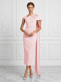 Stretch Mesh Sheath/Column Asymmetric Neck Tea-Length Cocktail Dresses with 3D Flowers & Ruched Waist