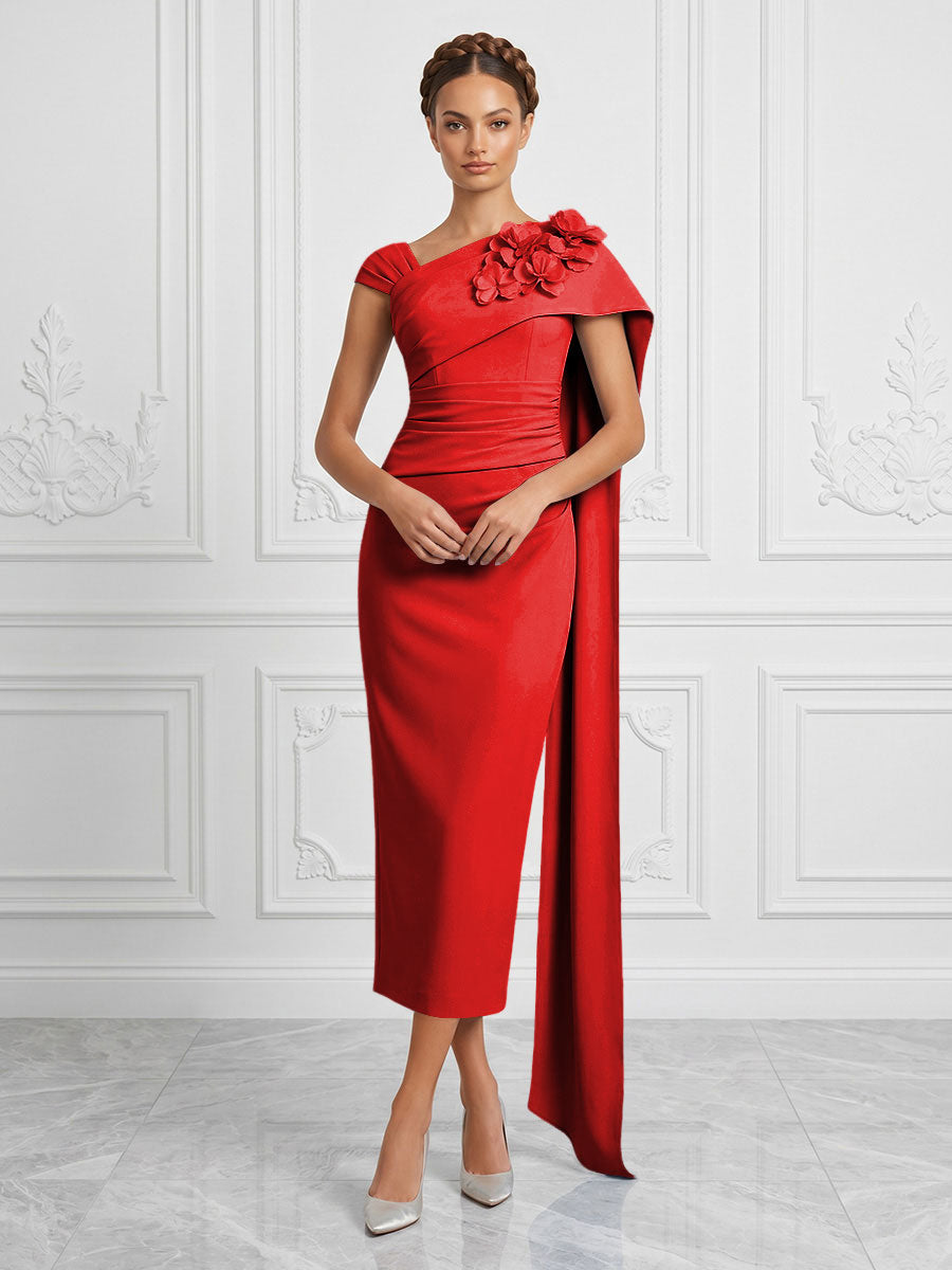 Stretch Mesh Sheath/Column Asymmetric Neck Tea-Length Cocktail Dresses with 3D Flowers & Ruched Waist