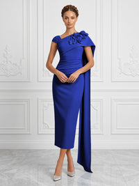 Stretch Mesh Sheath/Column Asymmetric Neck Tea-Length Cocktail Dresses with 3D Flowers & Ruched Waist