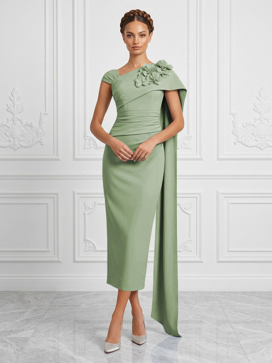 Stretch Mesh Sheath/Column Asymmetric Neck Tea-Length Cocktail Dresses with 3D Flowers & Ruched Waist