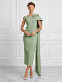 Stretch Mesh Sheath/Column Asymmetric Neck Tea-Length Cocktail Dresses with 3D Flowers & Ruched Waist
