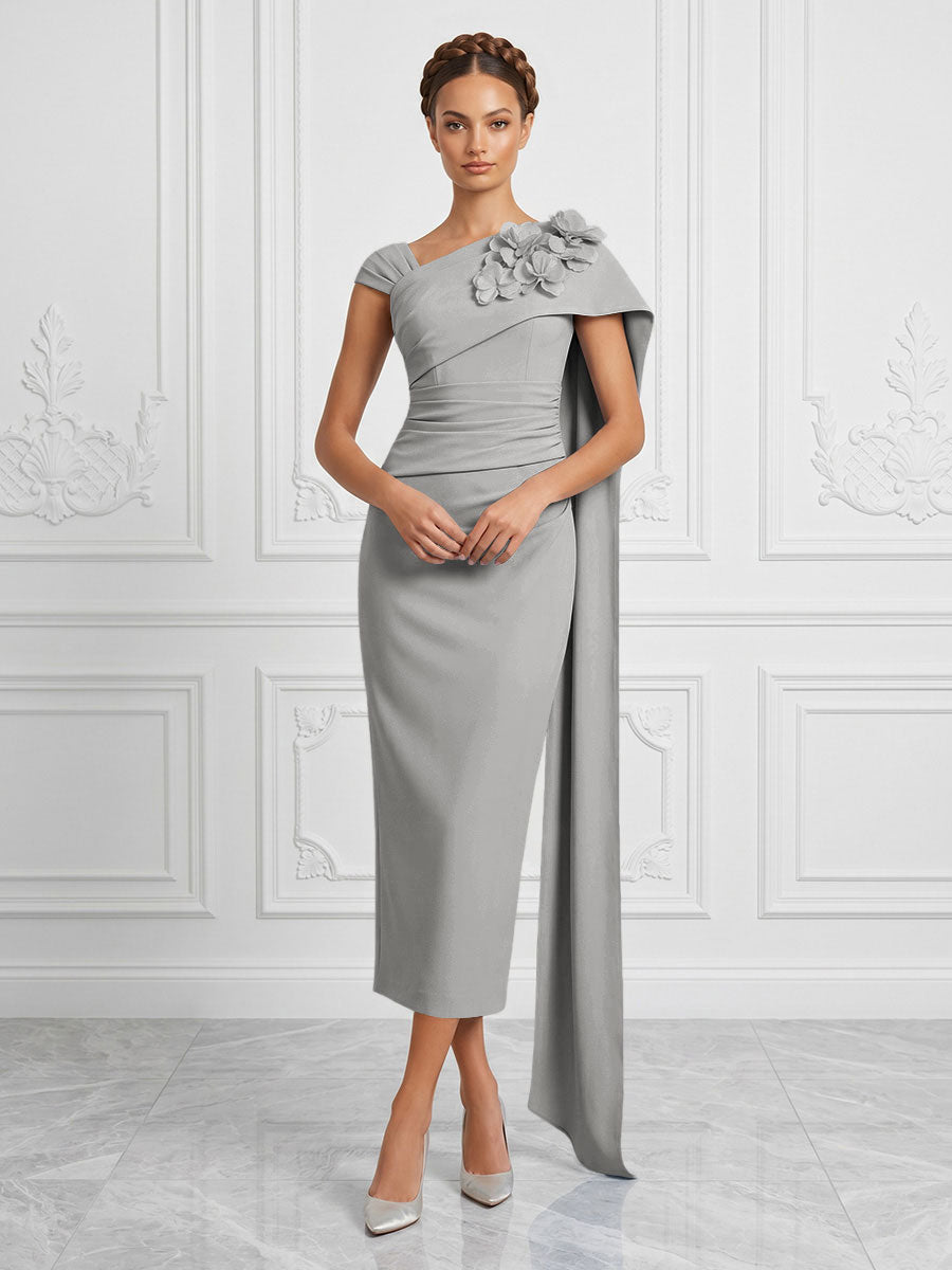 Stretch Mesh Sheath/Column Asymmetric Neck Tea-Length Cocktail Dresses with 3D Flowers & Ruched Waist