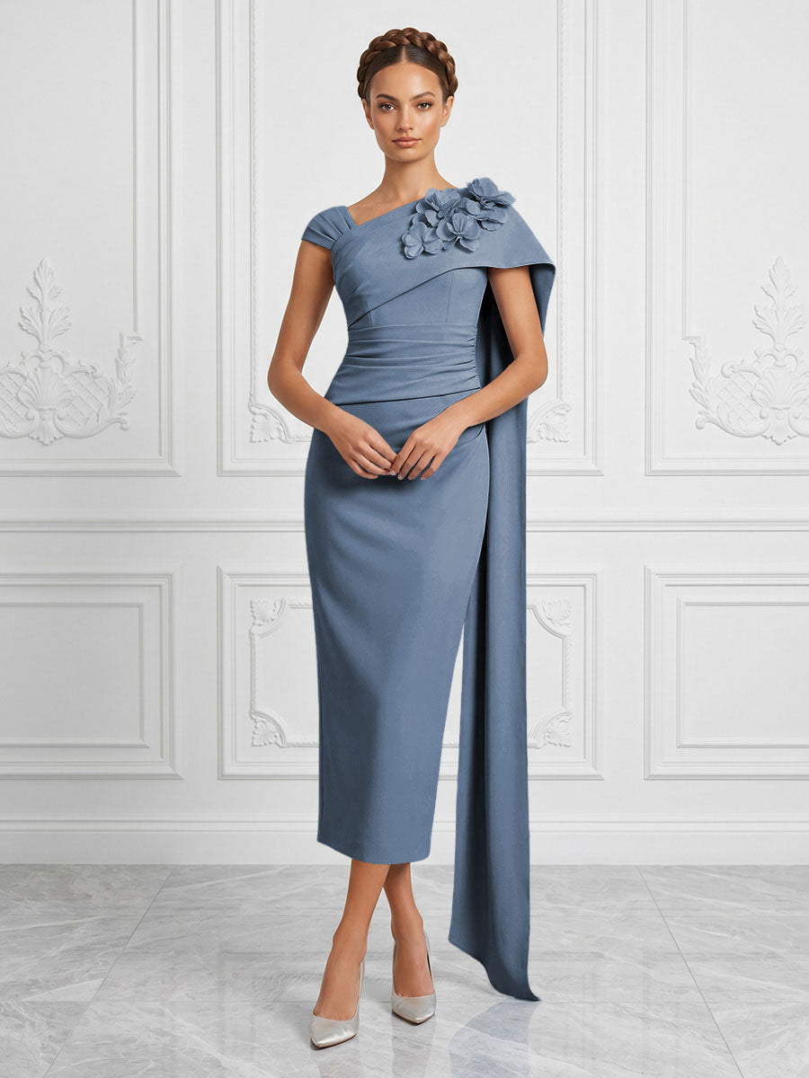 Stretch Mesh Sheath/Column Asymmetric Neck Tea-Length Cocktail Dresses with 3D Flowers & Ruched Waist