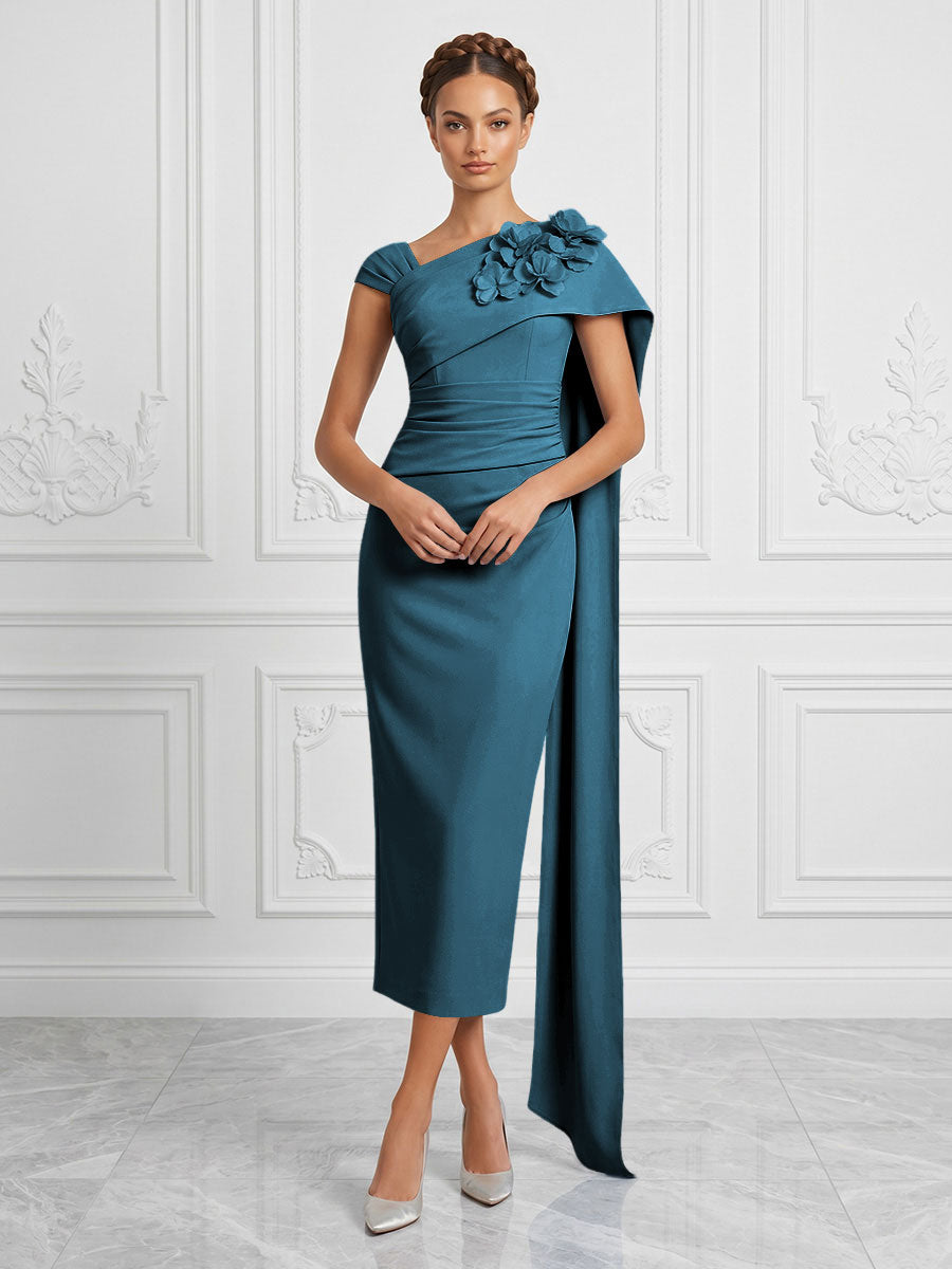 Stretch Mesh Sheath/Column Asymmetric Neck Tea-Length Cocktail Dresses with 3D Flowers & Ruched Waist