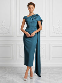 Stretch Mesh Sheath/Column Asymmetric Neck Tea-Length Cocktail Dresses with 3D Flowers & Ruched Waist