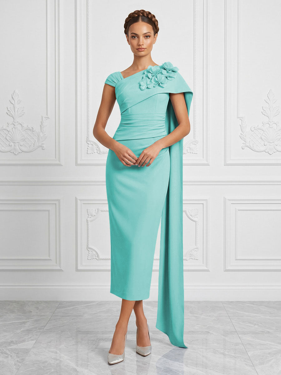 Stretch Mesh Sheath/Column Asymmetric Neck Tea-Length Cocktail Dresses with 3D Flowers & Ruched Waist