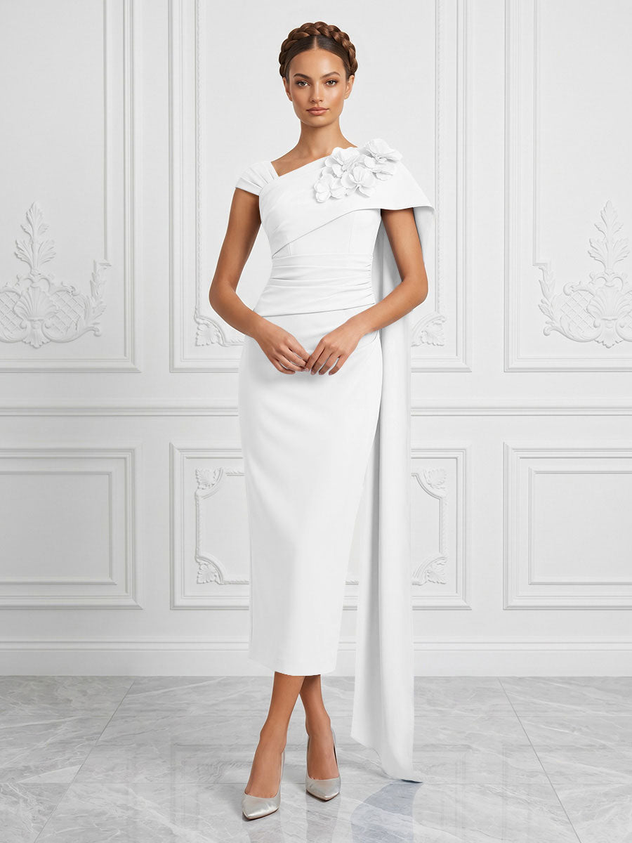 Stretch Mesh Sheath/Column Asymmetric Neck Tea-Length Cocktail Dresses with 3D Flowers & Ruched Waist