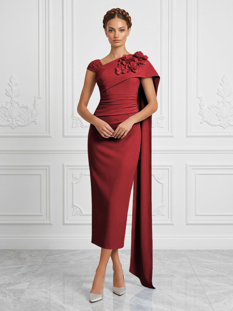 Stretch Mesh Sheath/Column Asymmetric Neck Tea-Length Cocktail Dresses with 3D Flowers & Ruched Waist