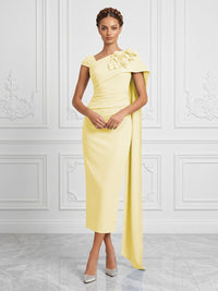 Stretch Mesh Sheath/Column Asymmetric Neck Tea-Length Cocktail Dresses with 3D Flowers & Ruched Waist