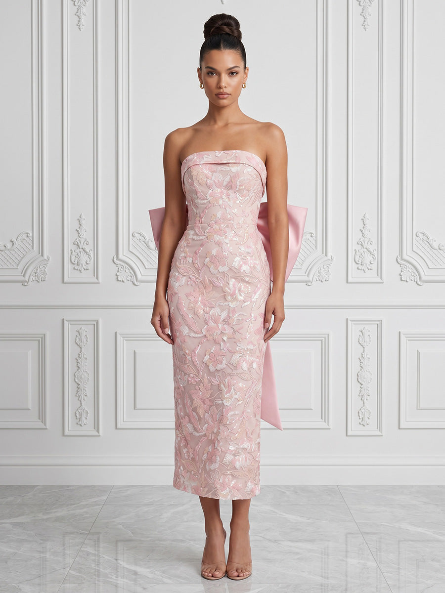 Sequin Floral Sheath/Column Strapless Tea-Length Cocktail Dresses with Bow