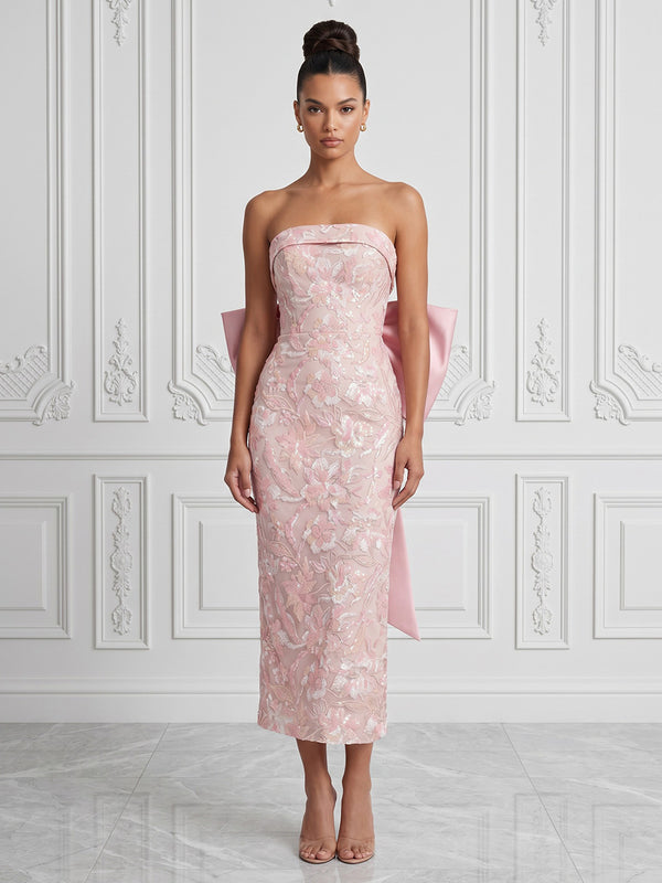 Sequin Floral Sheath/Column Strapless Tea-Length Cocktail Dresses with Bow
