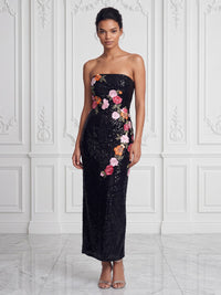 Sequin Sheath/Column Strapless Tea-Length Cocktail Dresses with Floral Embroidery